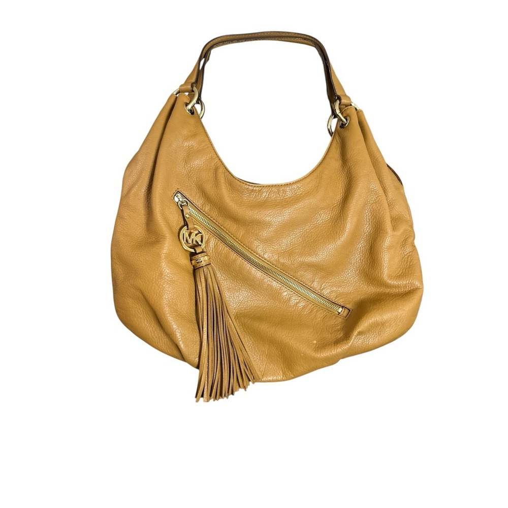 Michael Kors Tan Pebbled Leather Shoulder Hobo Bag Large Purse Tassel